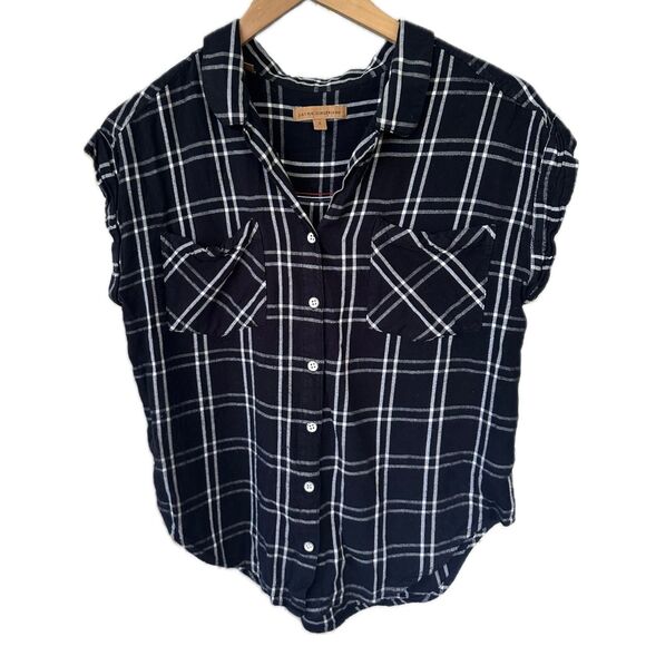 Jach's Girlfriend Plaid Button Down Cap Cuff Sleeves Piping Split Back Shirt S - Picture 1 of 6